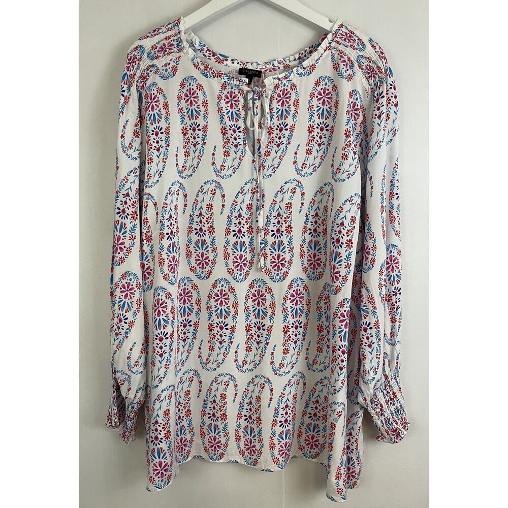 Talbots Blouse‎ Women 3X White Red Blue Paisley Smocked Long Sleeve Tie Neck